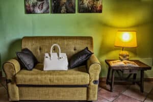 Olivo divano con borsa e libro